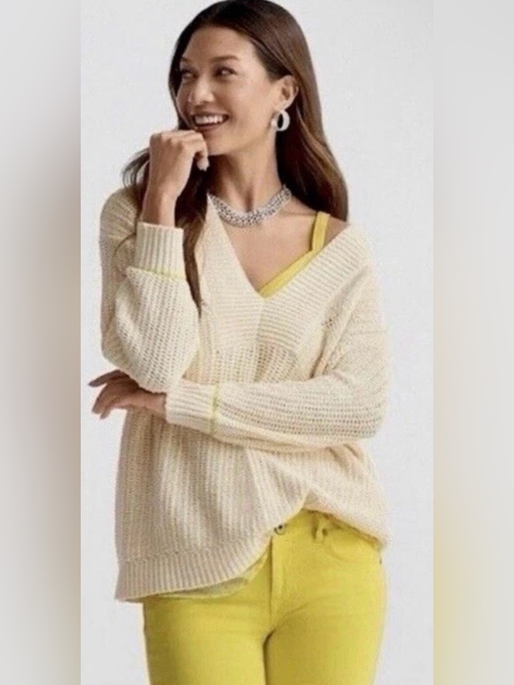 Cabi Sweater Women’s Medium Ivory Croquet Pullover Alabaster Cotton V-Neck #6233
